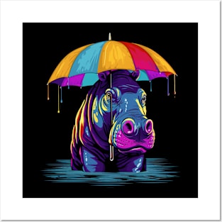 Hippo Rainy Day With Umbrella Posters and Art